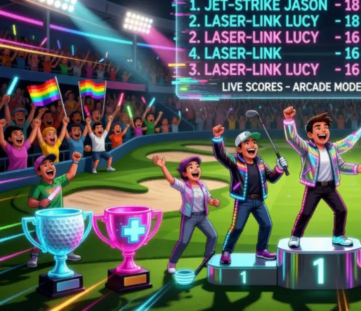 Turniej Super Battle Golf z pucharem i graczami