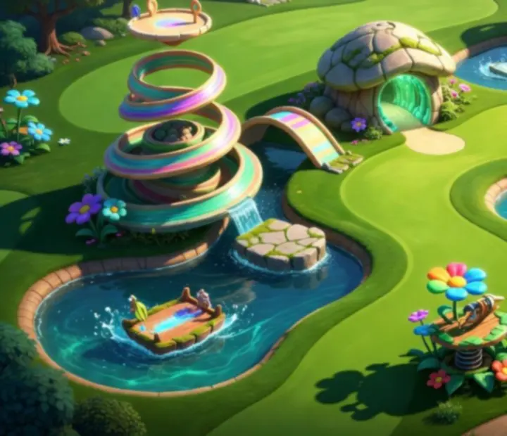 Kolorowa arena golfowa z przeszkodami w stylu arcade