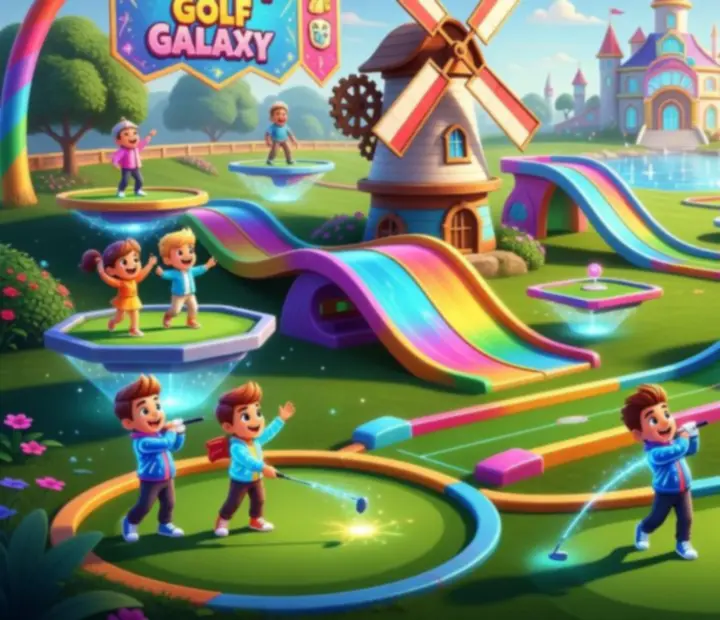 Kolorowa arena Super Battle Golf z fantazyjnymi przeszkodami