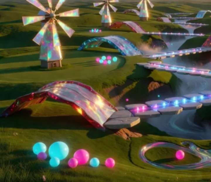 Kolorowa arena Super Battle Golf z licznymi przeszkodami i rampami