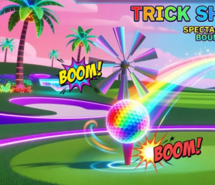 Kolorowa scena z Super Battle Golf przedstawiająca efektowny strzał z powtórki