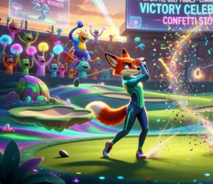 Finał turnieju Super Battle Golf z trofeum i kolorową areną