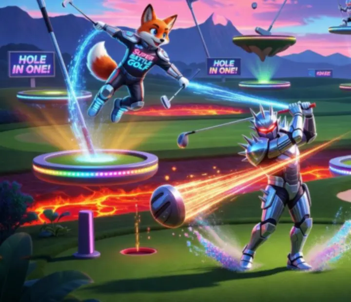 Galeria bohaterów Super Battle Golf pozujących na kolorowych, fantazyjnych polach golfowych
