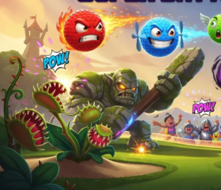 Galeria Super Battle Golf z kolorowymi arenami i postaciami