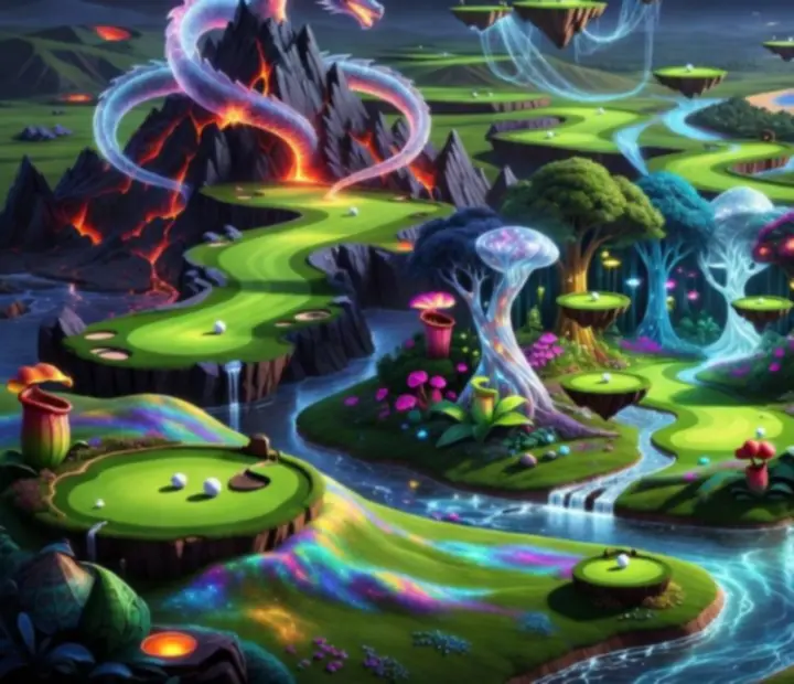 Galeria kolorowych aren Super Battle Golf z fantazyjnymi przeszkodami