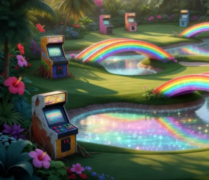 Kolorowa, fantazyjna arena Super Battle Golf z dynamicznymi przeszkodami