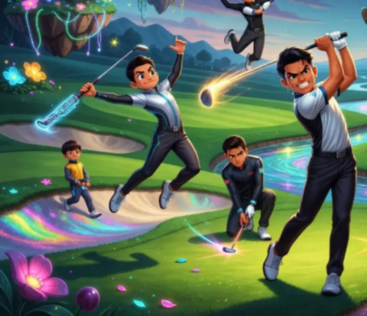 Zbiór barwnych postaci Super Battle Golf na tle kolorowej areny