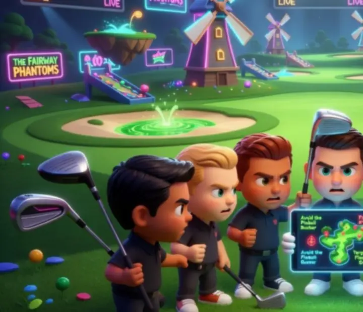 Drużyna graczy planująca strategię na kolorowym polu Super Battle Golf