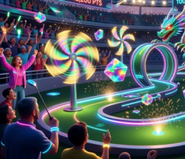 Kolorowa turniejowa arena Super Battle Golf z dynamicznymi przeszkodami