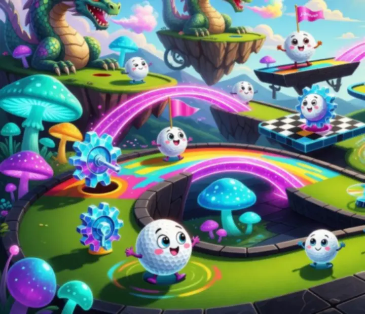 Kolorowa arena Super Battle Golf z dynamicznymi przeszkodami
